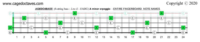 A minor arpeggio : AGEDC4BASS fingerboard notes