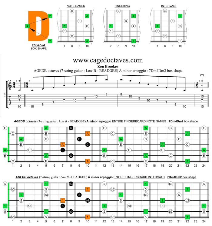 AGEDB octaves A minor arpeggio : 7Dm4Dm2 box shape