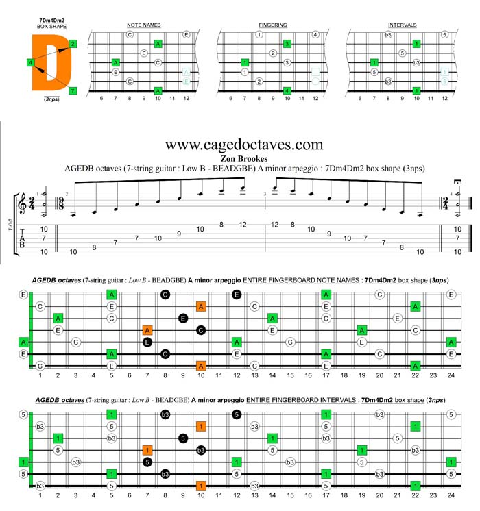 AGEDB octaves A minor arpeggio (3nps) : 7Dm4Dm2 box shape