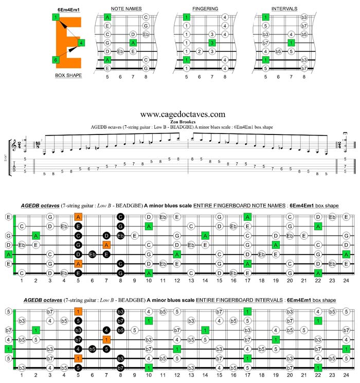 AGEDB octaves A minor blues scale : 6Em4Em1 box shape