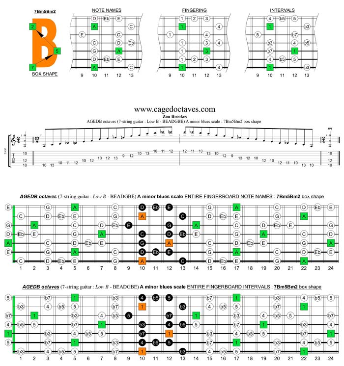 AGEDB octaves A minor blues scale : 7Bm5Bm2 box shape