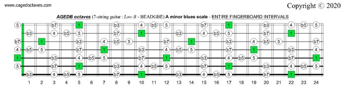 AGEDB octaves (7-string guitar): A minor blues scale entire fretboard intervals