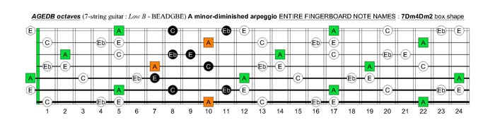 AGEDB octaves A minor-diminished arpeggio : 7Dm4Dm2 box shape