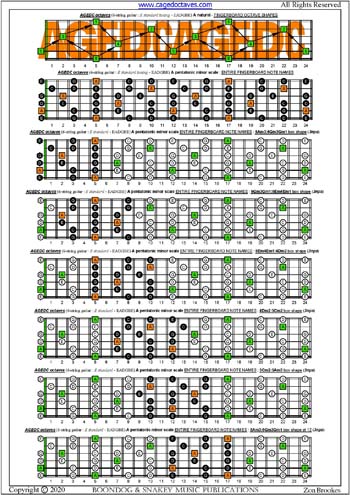 AGEDC octaves A pentatonic minor scale pseudo 3nps box shapes : entire fretboard notes