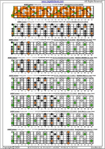 AGEDC octaves A pentatonic minor scale pseudo 3nps box shapes : entire fretboard notes