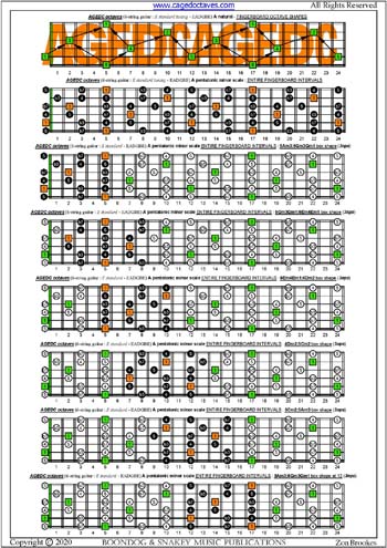 AGEDC octaves A pentatonic minor scale pseudo 3nps box shapes : entire fretboard intervals