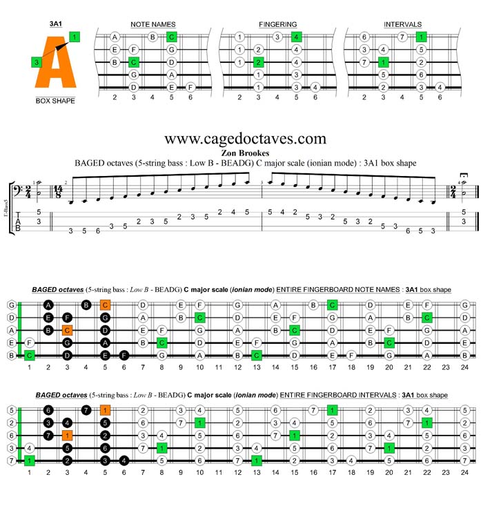 5-String Bass (Low B) C major scale (ionian mode) : 3A1 box shape