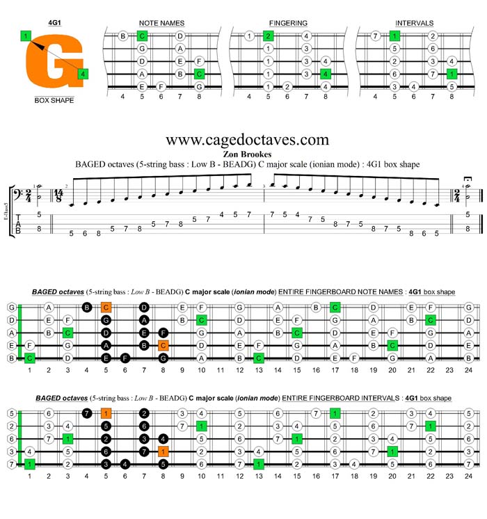 5-String Bass (Low B) C major scale (ionian mode) : 4G1 box shape