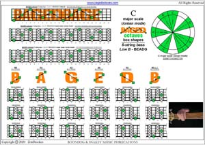 5-String Bass (Low B) C major scale (ionian mode) box shapes PDF