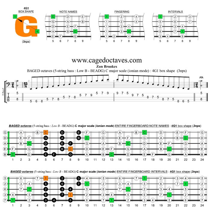 5-String Bass (Low B) C major scale (ionian mode) 3nps : 4G1 box shape