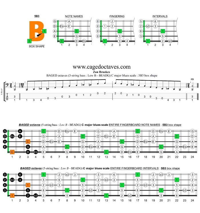 BAGED octaves (5-string bass : Low B -BEADG) C major blues scale : 5B3 box shape
