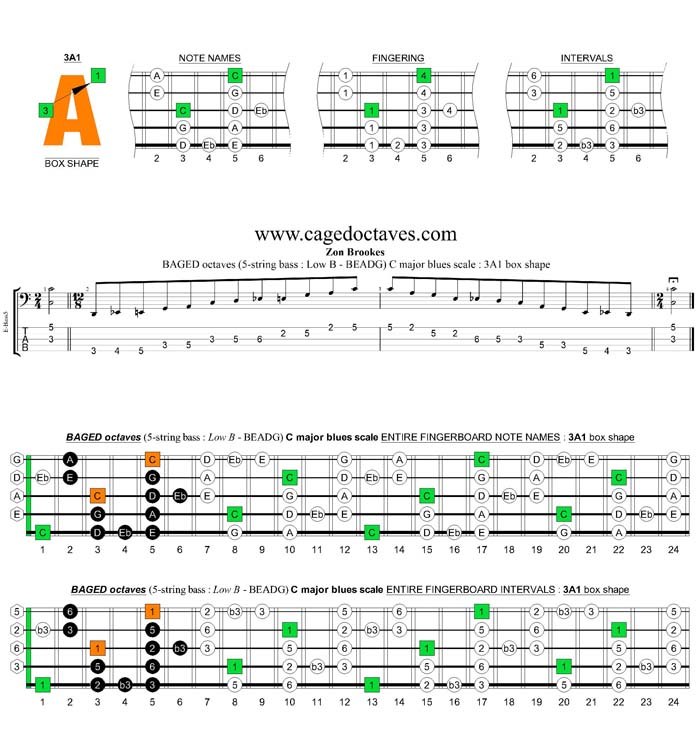 BAGED octaves (5-string bass : Low B -BEADG) C major blues scale : 3A1 box shape