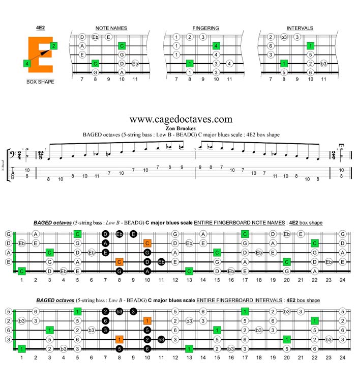 BAGED octaves (5-string bass : Low B -BEADG) C major blues scale : 4E2 box shape