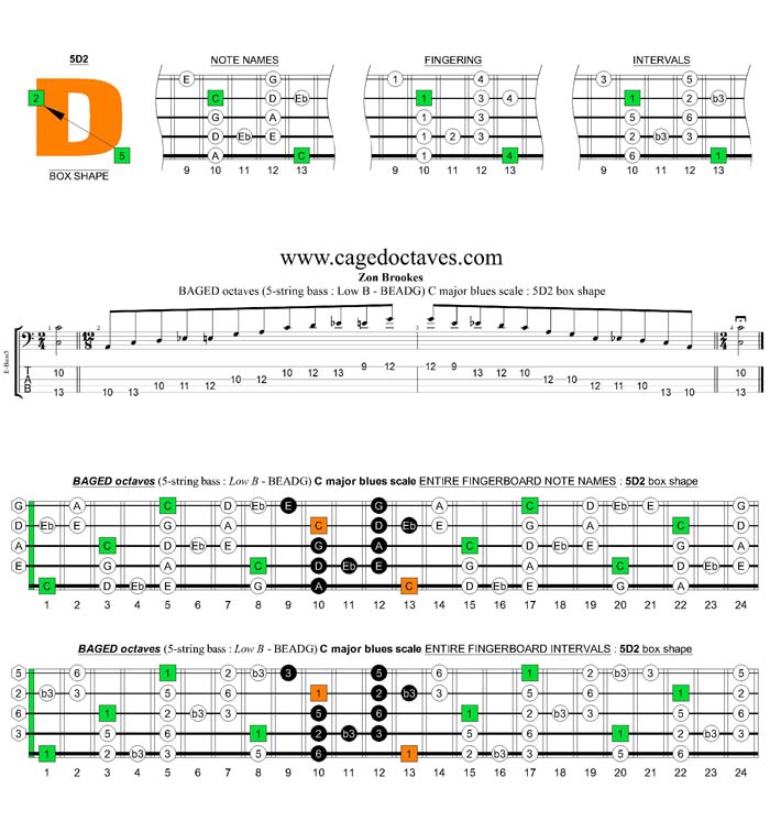 BAGED octaves (5-string bass : Low B -BEADG) C major blues scale : 5D2 box shape