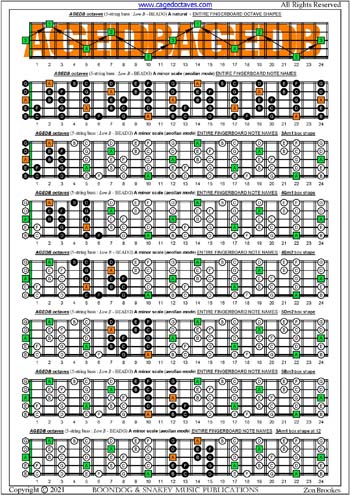 AGEDB octaves A minor scale (aeolian mode) box shapes : entire fretboard notes