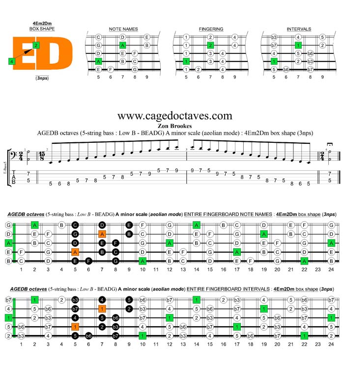 AGEDB octaves A minor scale (aeolian mode) 3nps : 4Em2Dm box shape