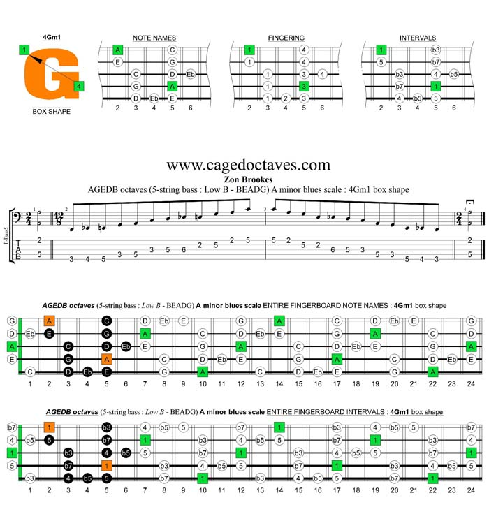 AGEDB octaves A minor blues scale : 4Gm1 box shape