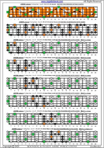 AGEDB octaves A minor blues scale box shapes : entire fretboard notes