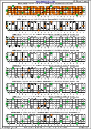 AGEDB octaves A minor blues scale box shapes : entire fretboard intervals