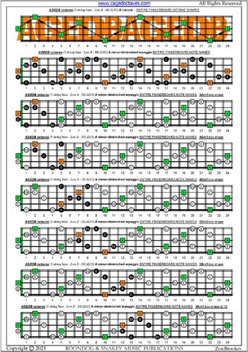 AGEDB octaves A minor-diminished arpeggio box shapes : entire fretboard notes