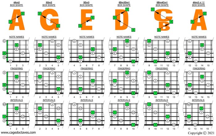 AGEDBC octaves A minor arpeggio box shapes