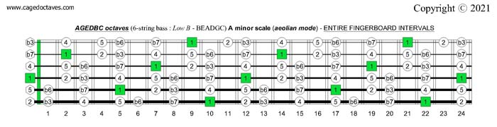 AGEDBC octaves (6-string bass : Low B - BEADGC) A minor scale fingerboard intervals