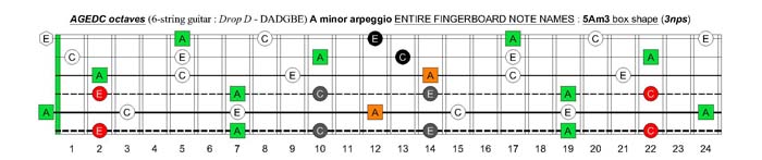 AGEDC octaves (6-string guitar - Drop D: DADGBE) A minor arpeggio : 5Cm2 box shape (3nps)