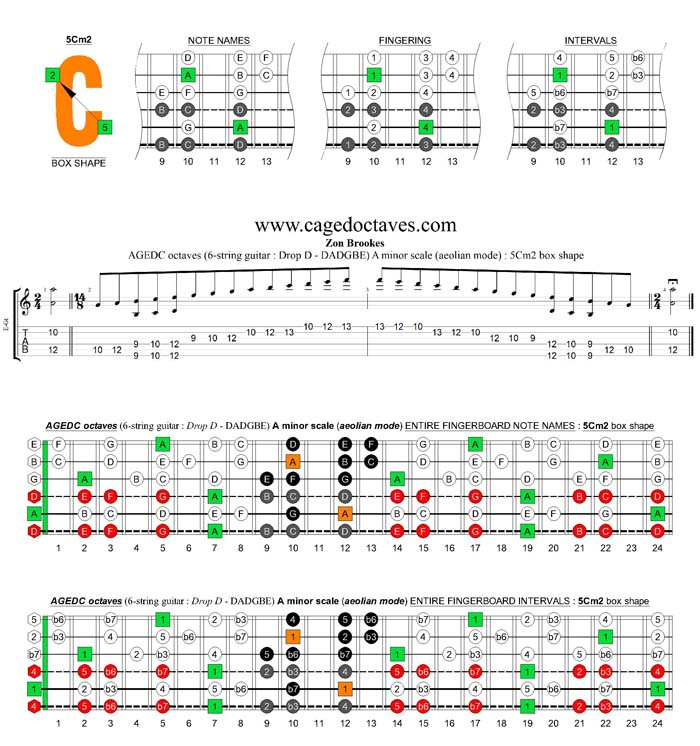 AGEDC octaves (6-string guitar : Drop D - DADGBE) A minor scale (aeolian mode) : 5Cm2 box shape