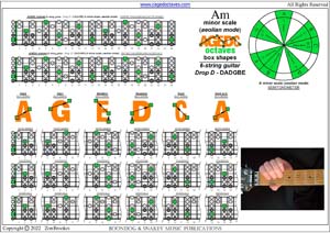 A minor scale (aeolian mode) box shapes (6-string guitar : Drop D - DADGBE)