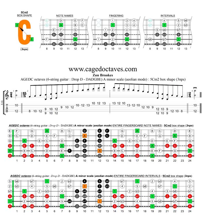 AGEDC octaves (6-string guitar - Drop D: DADGBE) A minor scale (aeolian mode) : 5Cm2 box shape (3nps)