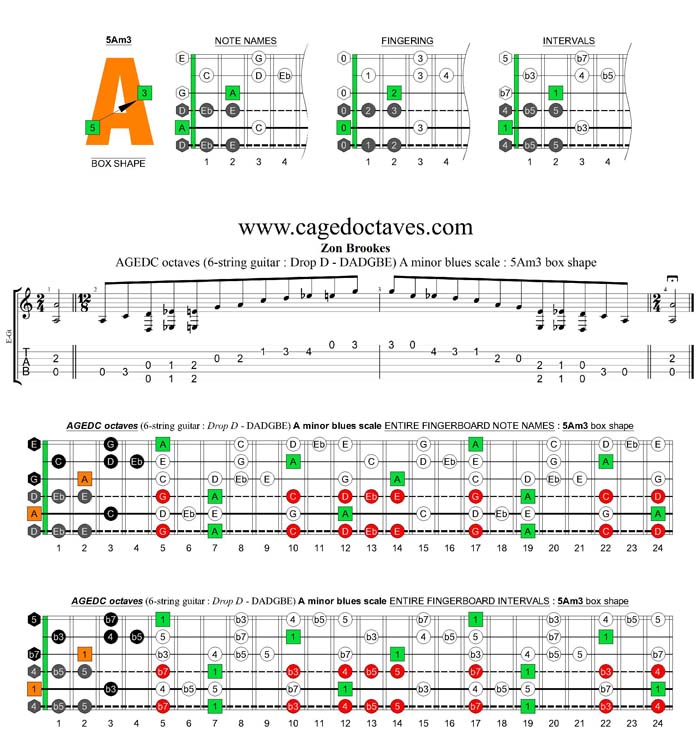 AGEDC octaves A minor blues scale : 5Am3 box shape