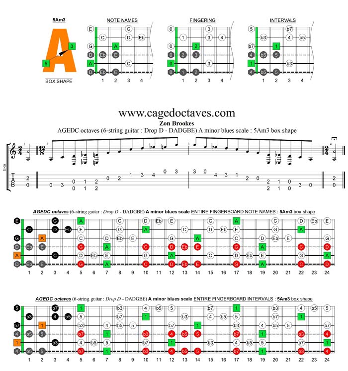 AGEDC octaves A minor blues scale : 5Am3 box shape