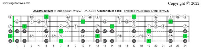 AGEDC octaves (6-string guitar : Drop D - DADGBE) A minor blues scale fretboard intervals