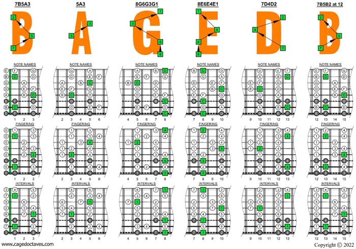 C major scale (8-string guitar: Drop E - EBEADGBE) box shapes