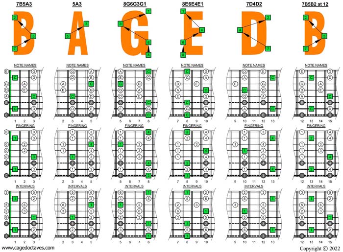 C pentatonic major scale (8-string guitar : Drop E - EBEADGBE) box shapes