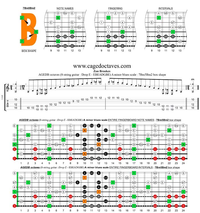 AGEDC octaves (8-string guitar : Drop E - EBEADGBE) A minor blues scale : 7Bm5Bm2 box shape