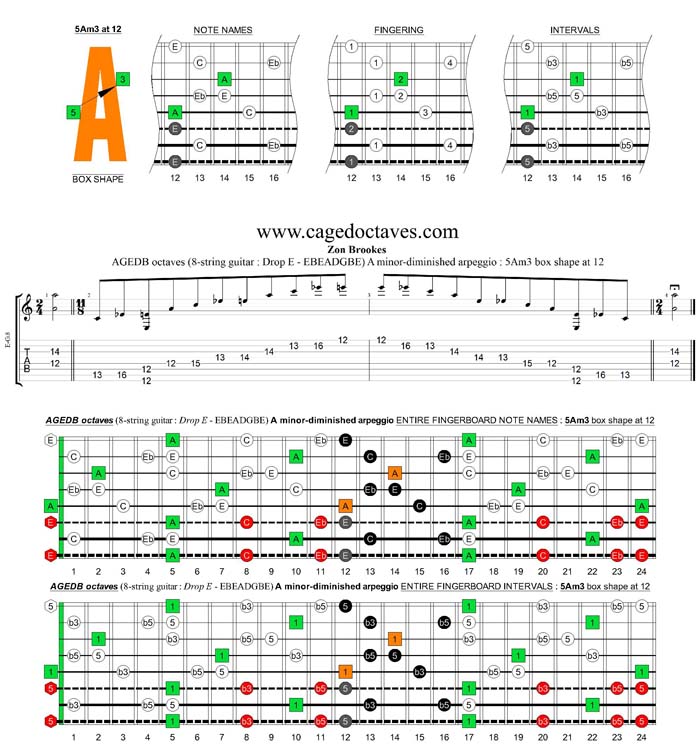 AGEDC octaves (8-string guitar: Drop E - EBEADGBE) A minor-diminished arpeggio : 5Am3 box shape at 12