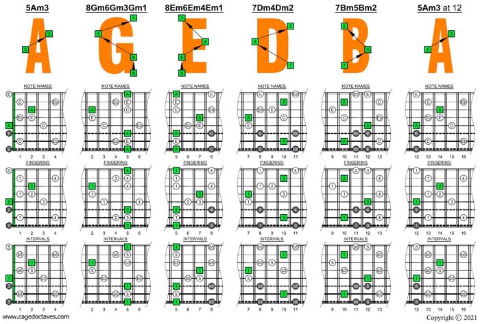 A minor-diminished arpeggio(8-string guitar: Drop E - EBEADGBE) box shapes