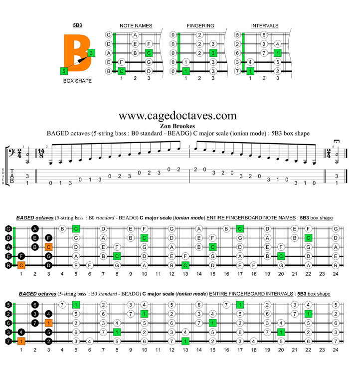 BAGED octaves (5-string bass : B0 standard - BEADG) C major scale (ionian mode) : 5B3 box shape