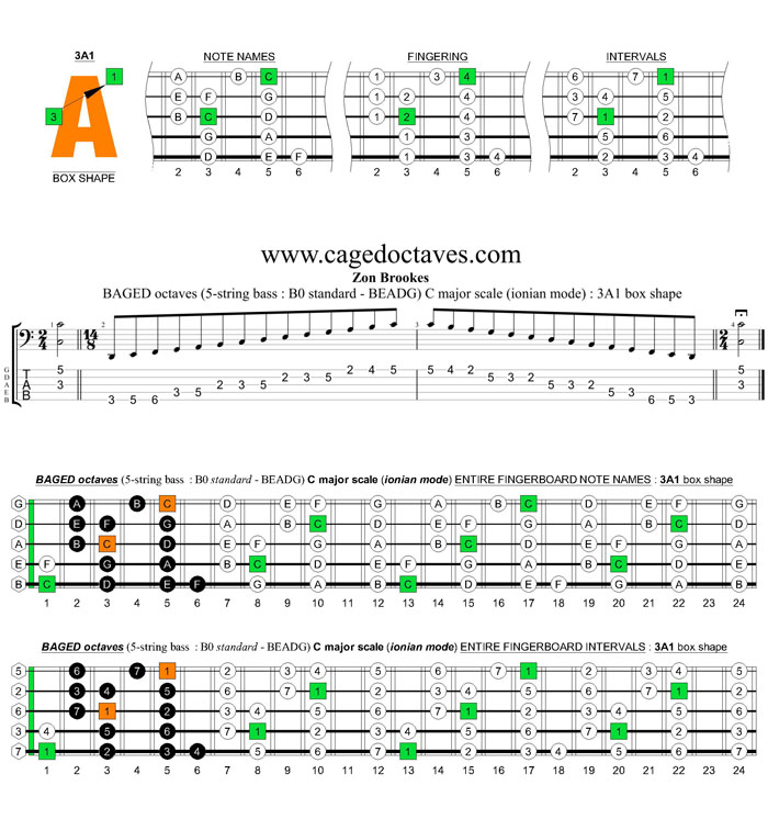 BAGED octaves (5-string bass : B0 standard - BEADG) C major scale (ionian mode) : 3A1 box shape