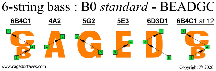 BCAGED octaves logo (6-string bass : B0 standard - BEADGC)