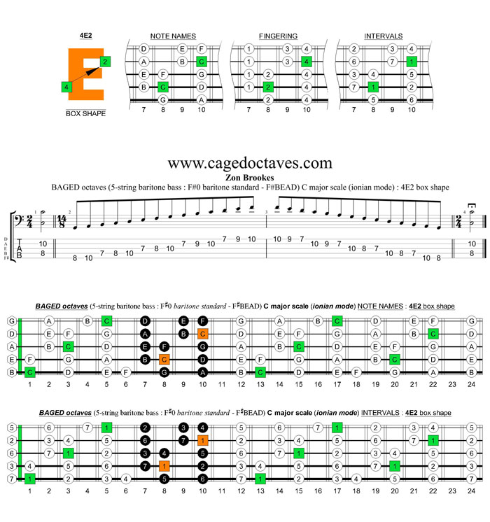 BAGED octaves 5-string baritone bass (F#0 baritone standard - F#BEAD) C major scale (ionian mode) : 4E2 box shape