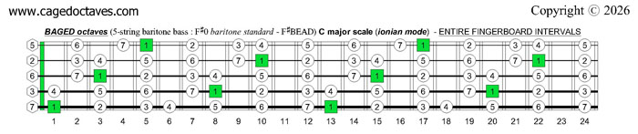 BAGED octaves 5-string baritone bass (F#0 baritone standard - F#BEAD) C major scale (ionian mode) : entire fretboard intervals