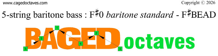 BAGED octaves logo: 5-string baritone bass (F#0 baritone standard - F#BEAD)