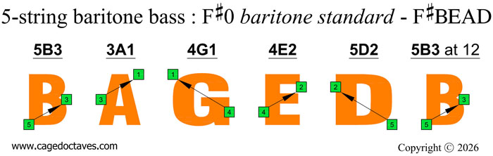 BAGED octaves 5-string baritone bass (F#0 baritone standard - F#BEAD) fingerboard : C natural octave shapes