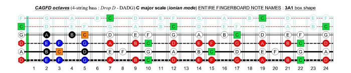 CAGFD octaves 4-string bass (Drop D - DAGD) C major scale (ionian mode) : 3A1 box shape