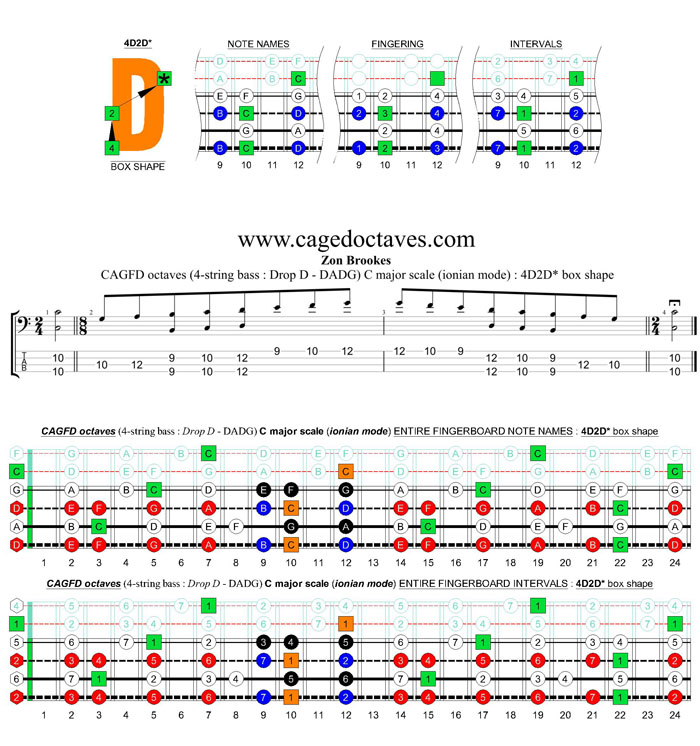 CAGFD octaves 4-string bass (Drop D - DAGD) C major scale (ionian mode) : 4D2D* box shape