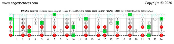 CAGFD octaves (5-string bass : Drop D + High C - DADGC): C major scale (ionian mode) fingerboard intervals
