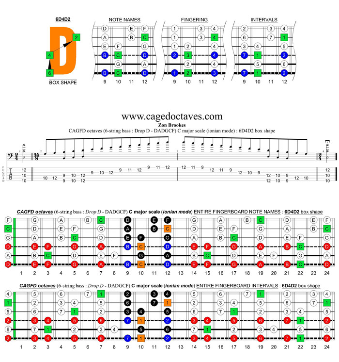 CAGFD octaves (6-string bass : Drop D - DADGC) C major scale (ionian mode): 6D4D2 box shape