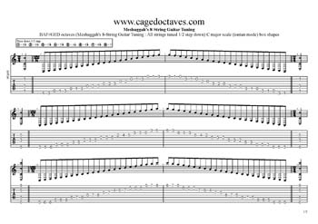 Meshuggah's 8-string guitar tuning : C major scale (ionian mode) box shapes GuitarPro7 TAB